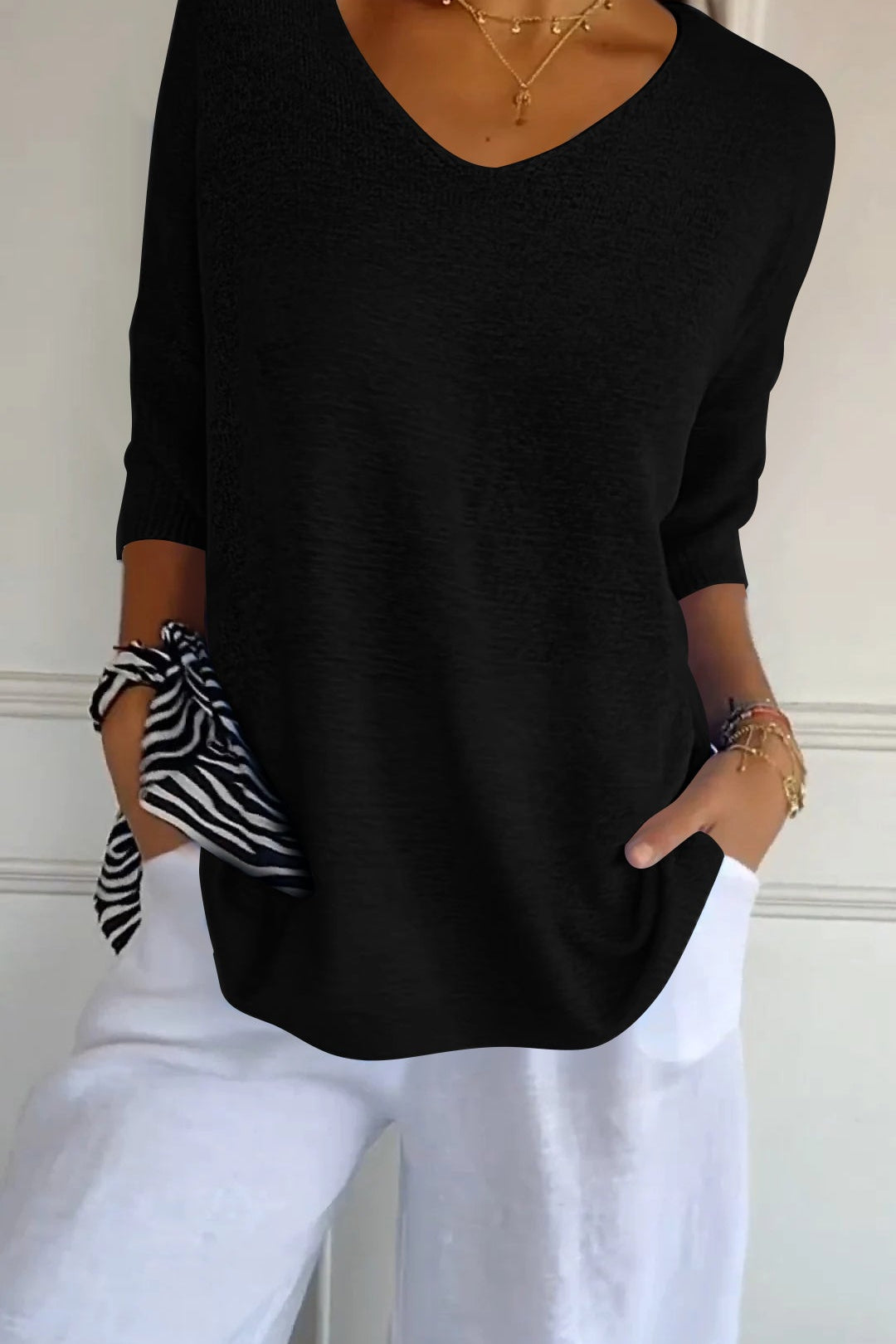 Lumikeuze™ | Effen kleur gebreide top met V-hals