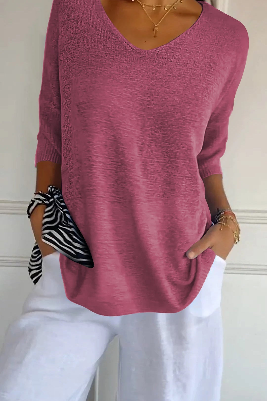 Lumikeuze™ | Effen kleur gebreide top met V-hals
