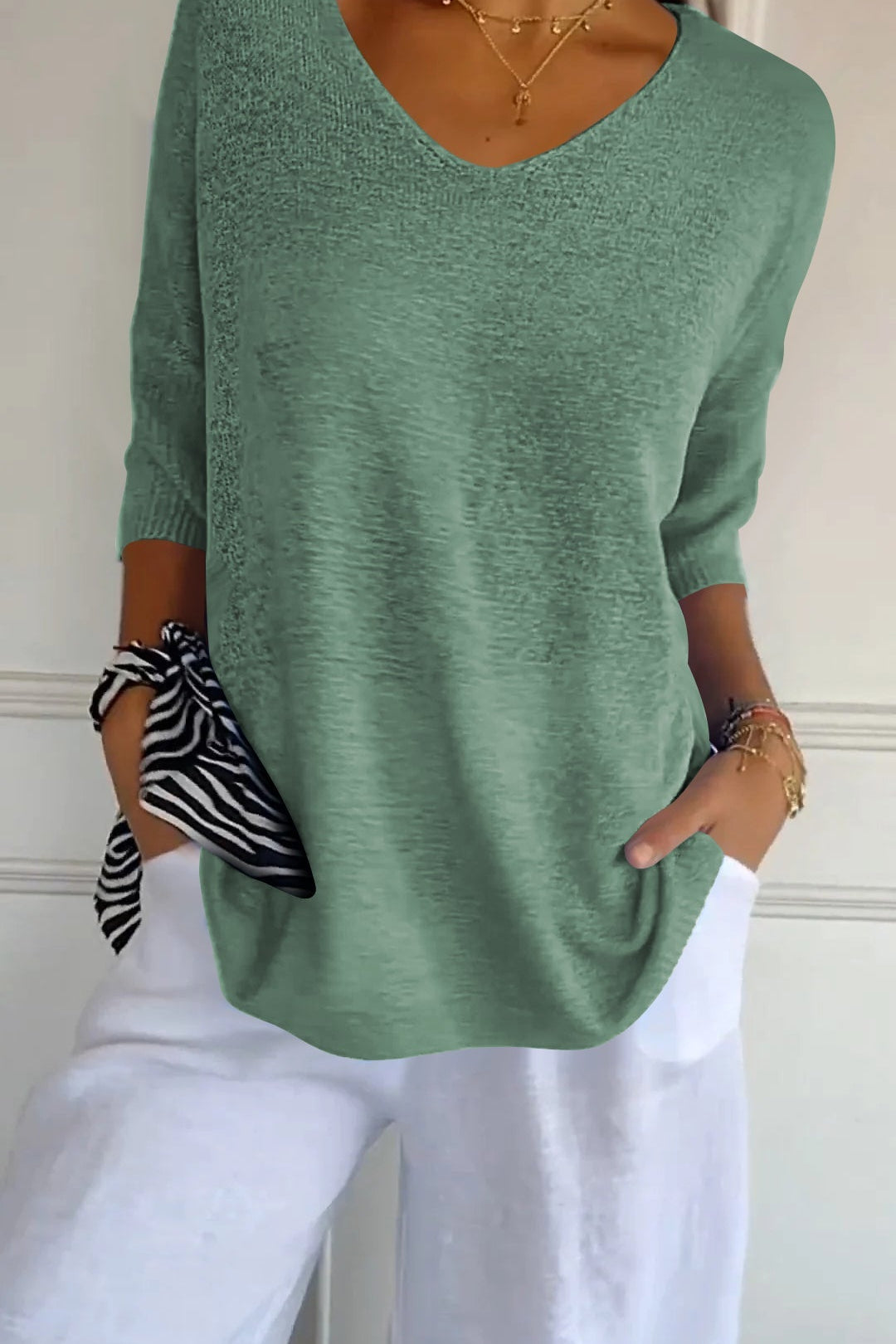 Lumikeuze™ | Effen kleur gebreide top met V-hals