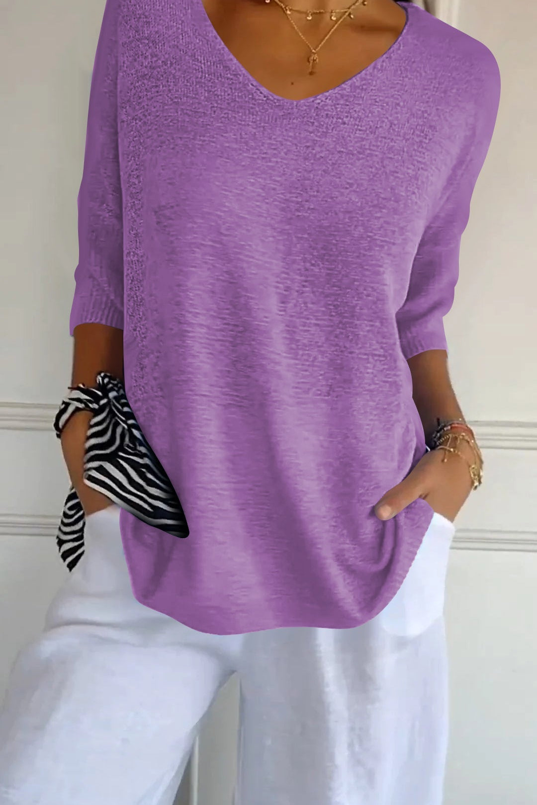 Lumikeuze™ | Effen kleur gebreide top met V-hals