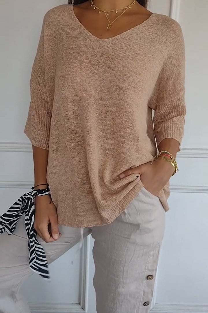Lumikeuze™ | Effen kleur gebreide top met V-hals