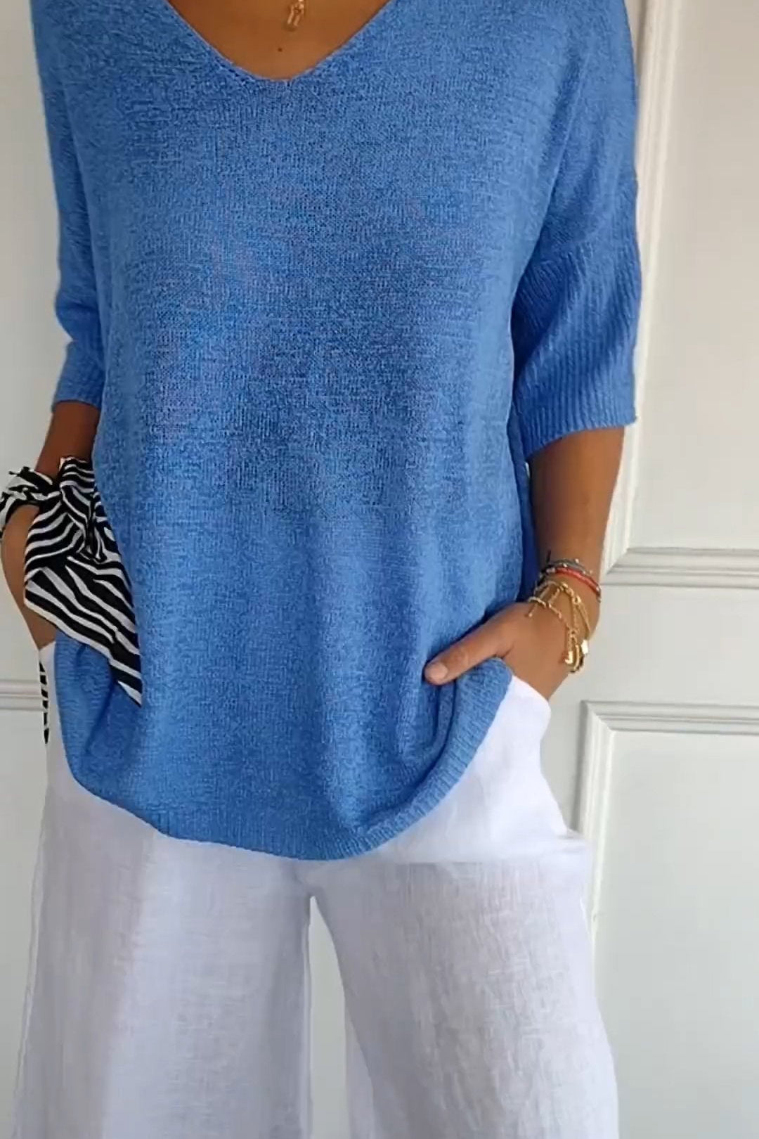 Lumikeuze™ | Effen kleur gebreide top met V-hals